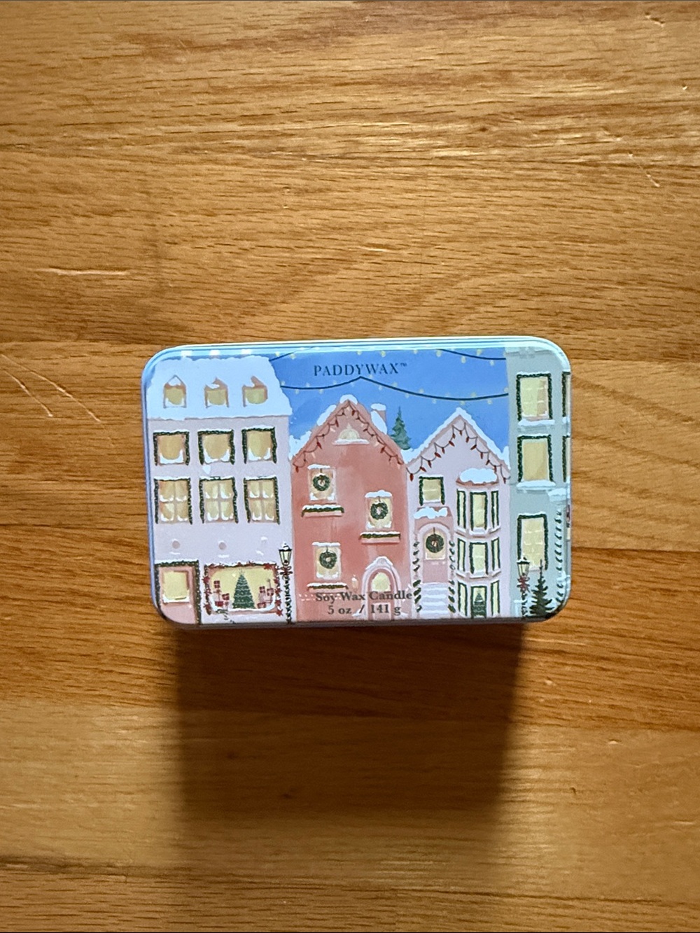 Pink Holiday Village Soy Candle Tin